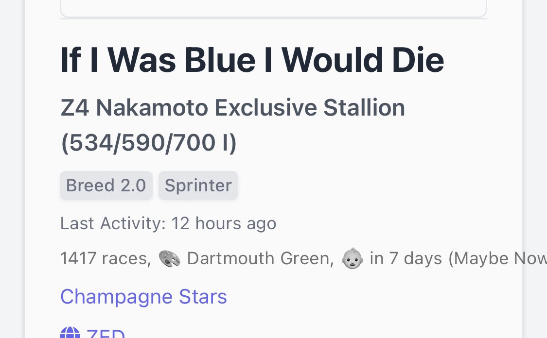 Congrats to my good crypto friend @jasonch33451874… he’s one of the best racers / breeders in the game and I’m confident he is going to SLAY with this horse. #zedrun <a href="/zed_run/">zed_run</a>