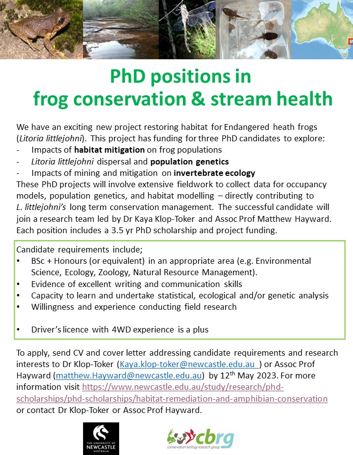 Conservation Science Research Group (@conservationuon) on Twitter photo Come join our dynamic and supportive lab!
We have 3 #phdpositions in #freshwater #ecology and #amphibian #conservation
For more info, check out:
newcastle.edu.au/study/research…
<a href="/UON_research/">Uni Newcastle Research</a> Newcastle, Australia
Please RT and share widely. Come join our dynamic and supportive lab!
We have 3 #phdpositions in #freshwater #ecology and #amphibian #conservation
For more info, check out:
newcastle.edu.au/study/research…
<a href="/UON_research/">Uni Newcastle Research</a> Newcastle, Australia
Please RT and share widely.