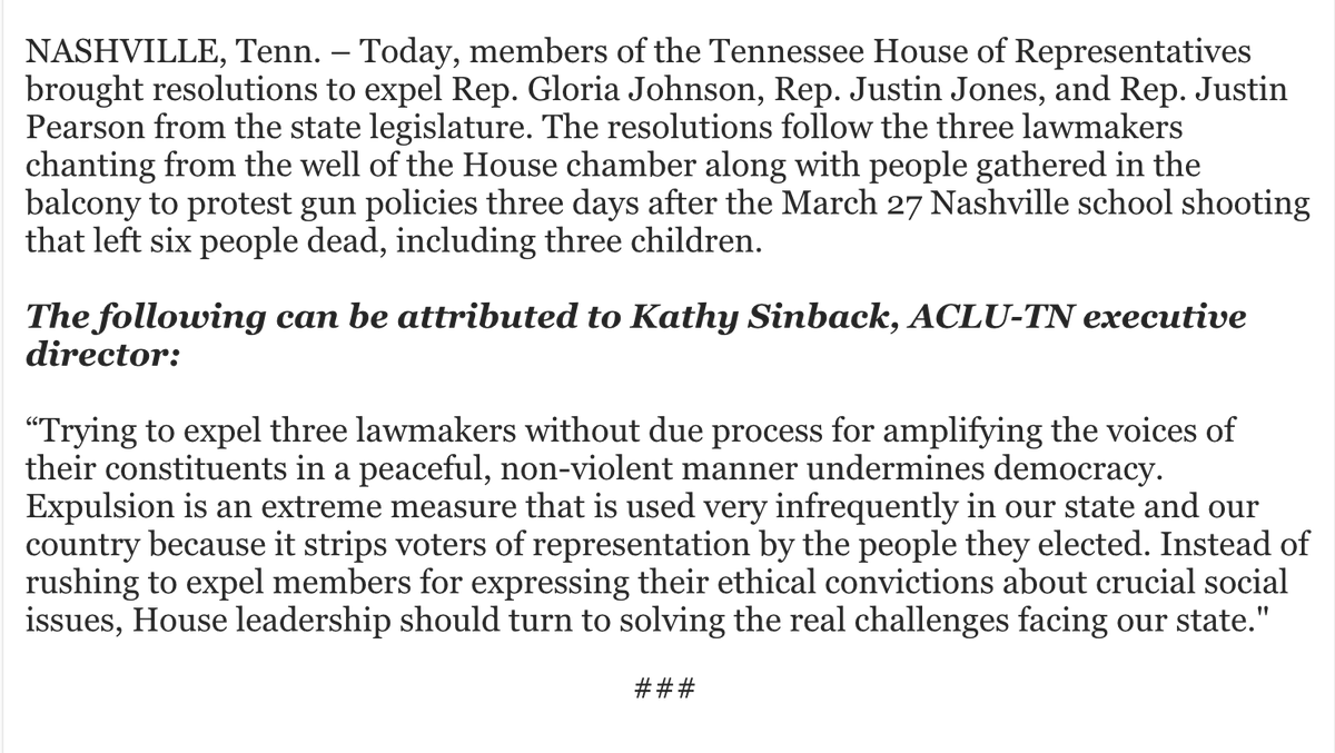 PhilNvestigates's tweet image. ACLU statement on proposed expulsion of three Tennessee House members.