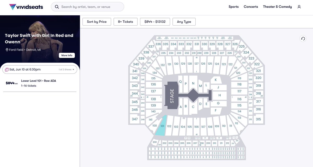 cmtswift's tweet photo. today i saw 16 ADA tickets (together) for taylor’s show at @fordfield available on @VividSeats. this is likely the entire section being sold by one person. 

considering the standard ticket limit is 6 and ADA is usually 2, it’s hard to believe this isn’t an employee selling. https://t.co/vaDjE8YPRi