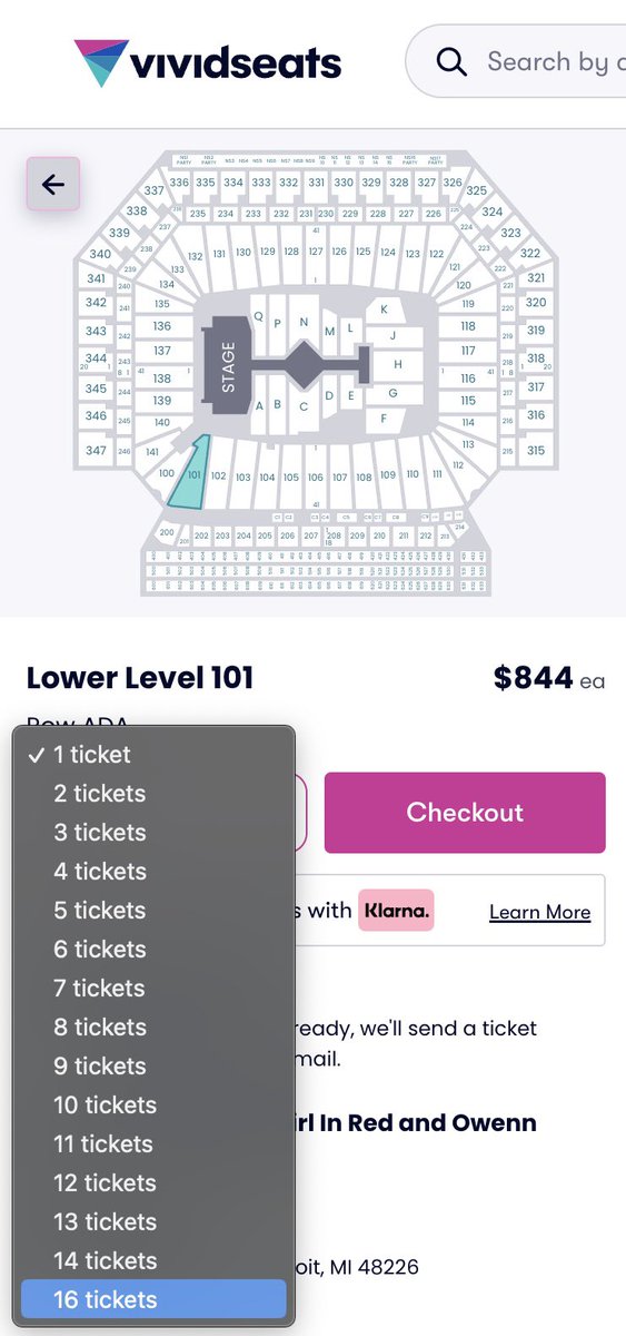 cmtswift's tweet photo. today i saw 16 ADA tickets (together) for taylor’s show at @fordfield available on @VividSeats. this is likely the entire section being sold by one person. 

considering the standard ticket limit is 6 and ADA is usually 2, it’s hard to believe this isn’t an employee selling. https://t.co/vaDjE8YPRi