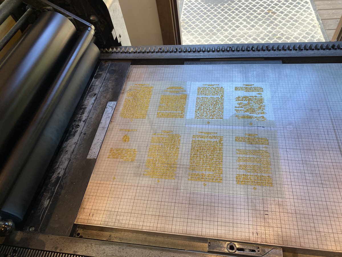 StephKimbro's tweet photo. More paper testing &amp; figuring out how many pages I can get per master sheet. Also checking typefaces.

This is Rives lightweight book paper in white (115gsm) w/Hanco Raven Black ink on wood engraving &amp; plates of text and illustration. So far, so good.

#finepress #printing #books https://t.co/cEtL0dUnor