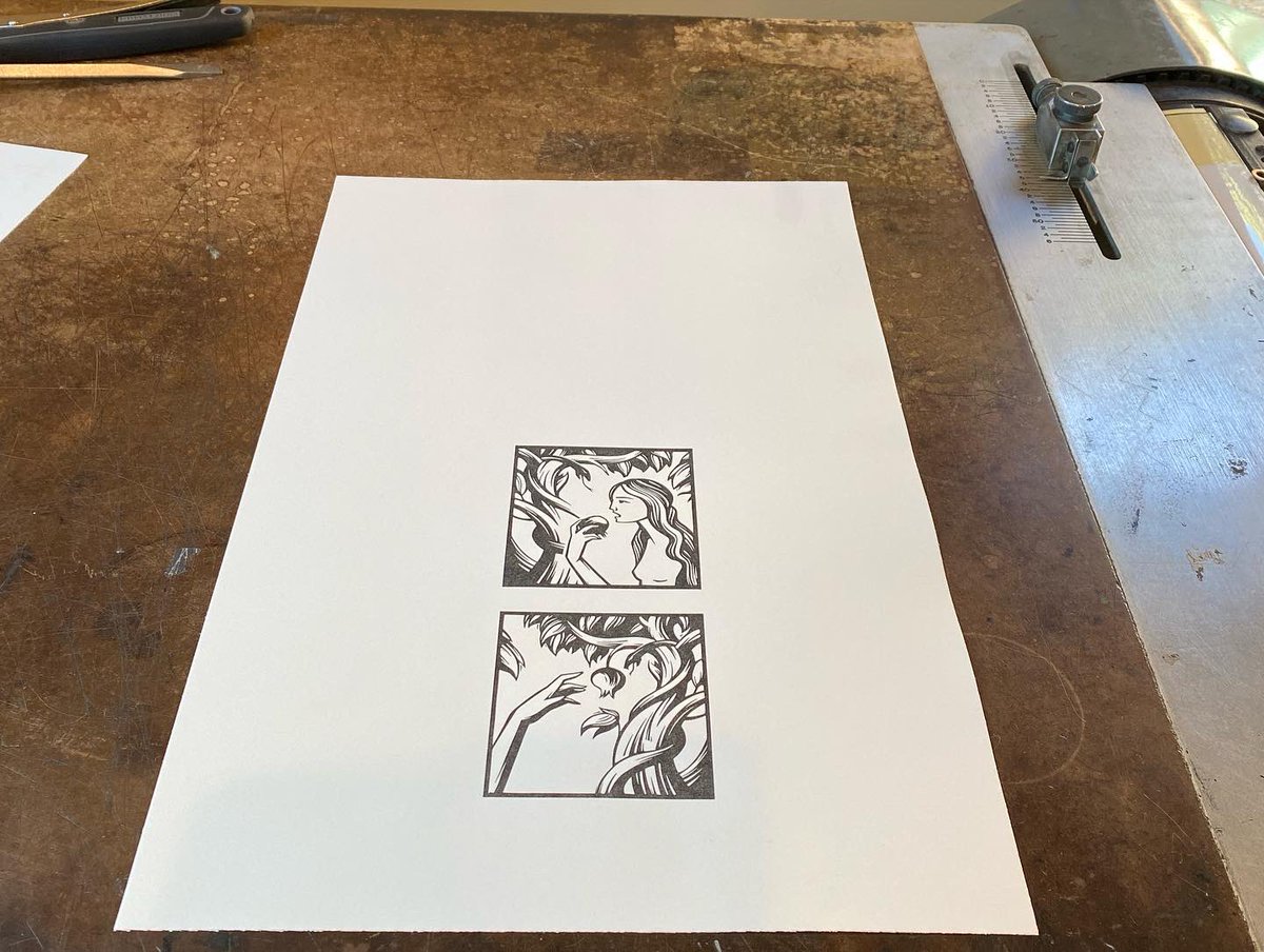 StephKimbro's tweet photo. More paper testing &amp; figuring out how many pages I can get per master sheet. Also checking typefaces.

This is Rives lightweight book paper in white (115gsm) w/Hanco Raven Black ink on wood engraving &amp; plates of text and illustration. So far, so good.

#finepress #printing #books https://t.co/cEtL0dUnor