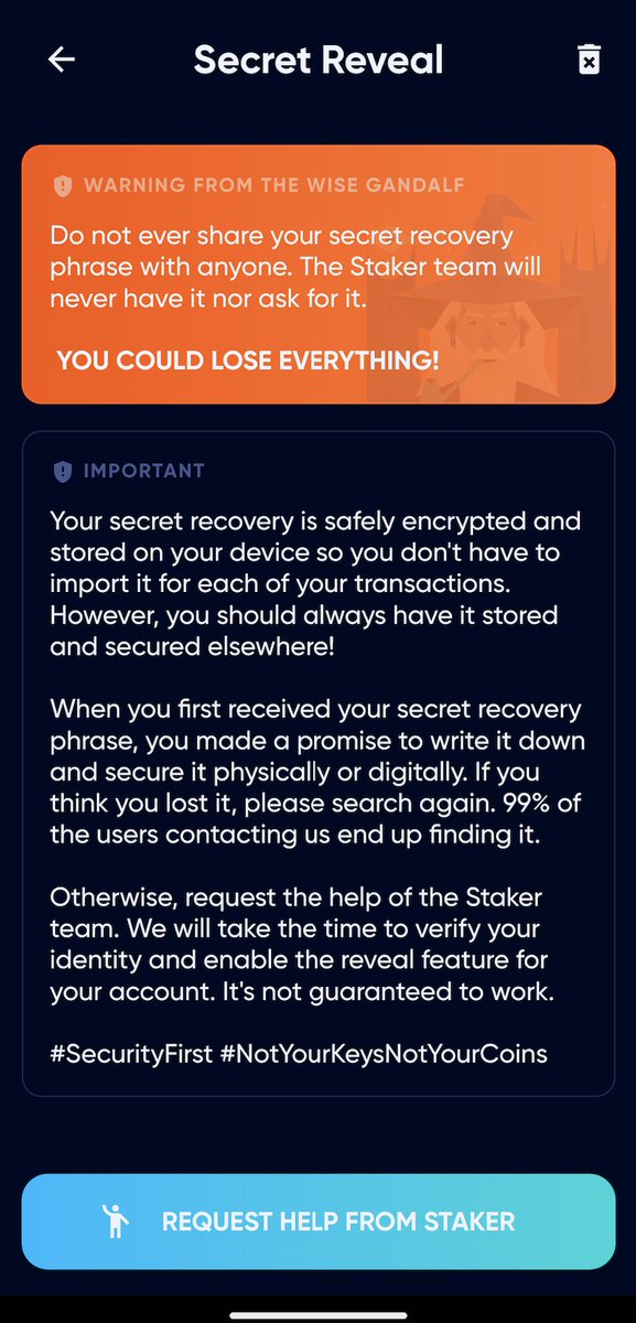 StakerApp's tweet photo. 🤐 DO NOT SHARE YOUR SECRET RECOVERY PHRASE WITH ANYONE, EVER! Keep those 24 words safe, please!

#SecurityFirst #NotYourKeysNotYourCoins

(screenshot from the v2 app) https://t.co/5e82AdHYeF