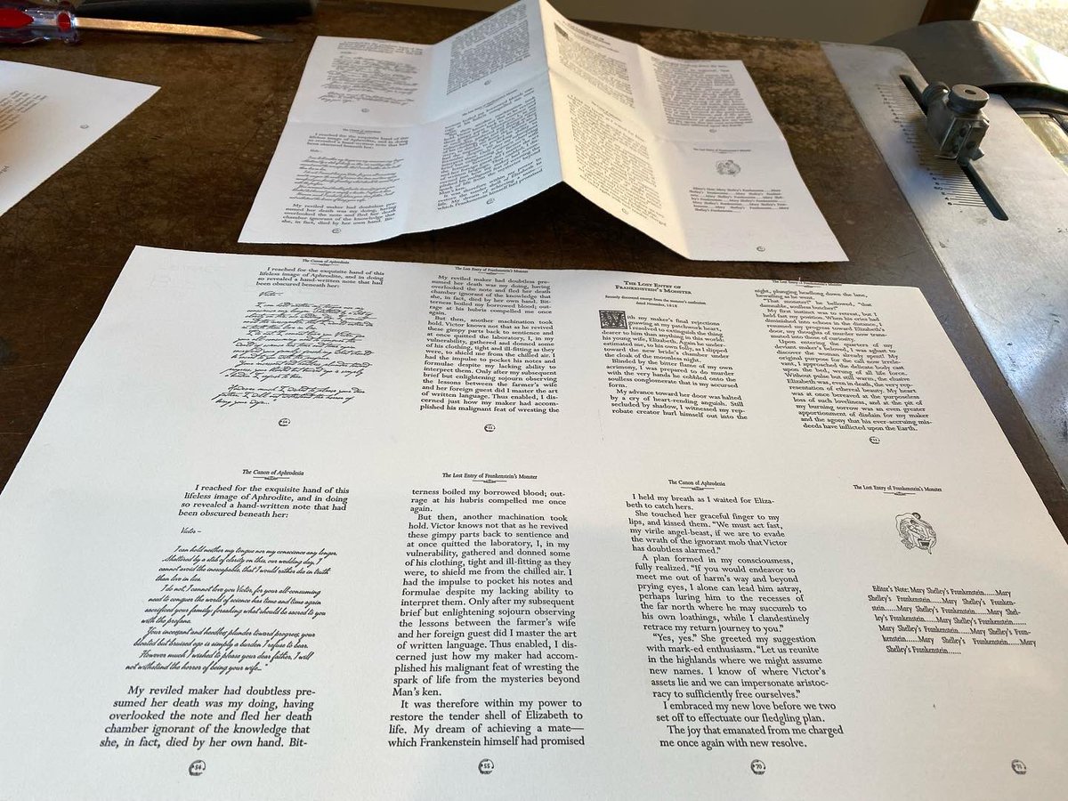FirstBitePress's tweet photo. More paper testing &amp; figuring out how many pages per master sheet. Also checking typefaces.

This is Rives lightweight book paper in white w/Hanco Raven Black ink on wood engraving &amp; plates of text &amp; illustration. 

#finepress #printing #books #letterpress #LimitedEdition https://t.co/XX3zunWBGo