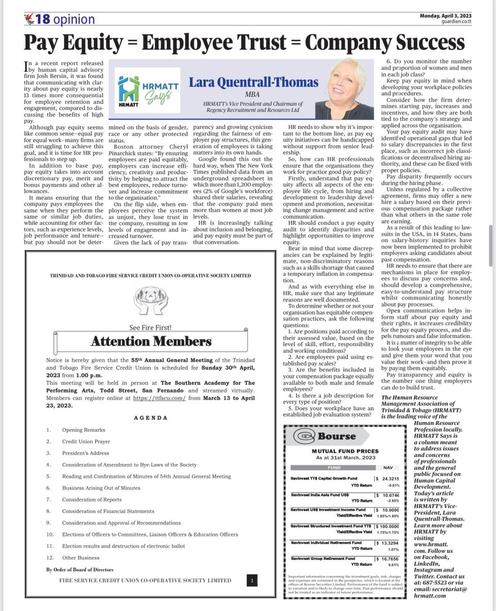 HRMATT1's tweet photo. #HRMATTSays

The fact is that many firms are struggling to achieve the goal of pay equity. In today's piece, titled, "Pay Equity=Employee Trust= Company Success", HRMATT's Vice President Lara Quentrall-Thomas 
suggests ways HR Professionals can step up to the challenge. https://t.co/eoUzNN21WW