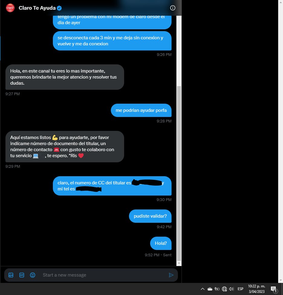 EnfysLol's tweet photo. Todo el dia con internet intermitente que me sirve 3 min y se cae y vuelve y sirve 3 min despues.. @ClaroColombia  dice que nos comuniquemos con si canal de atencion al cliente y lo unico que saben hacer es ignorar a los usuarios... que pesimo servicio https://t.co/8ozwZMdxzB