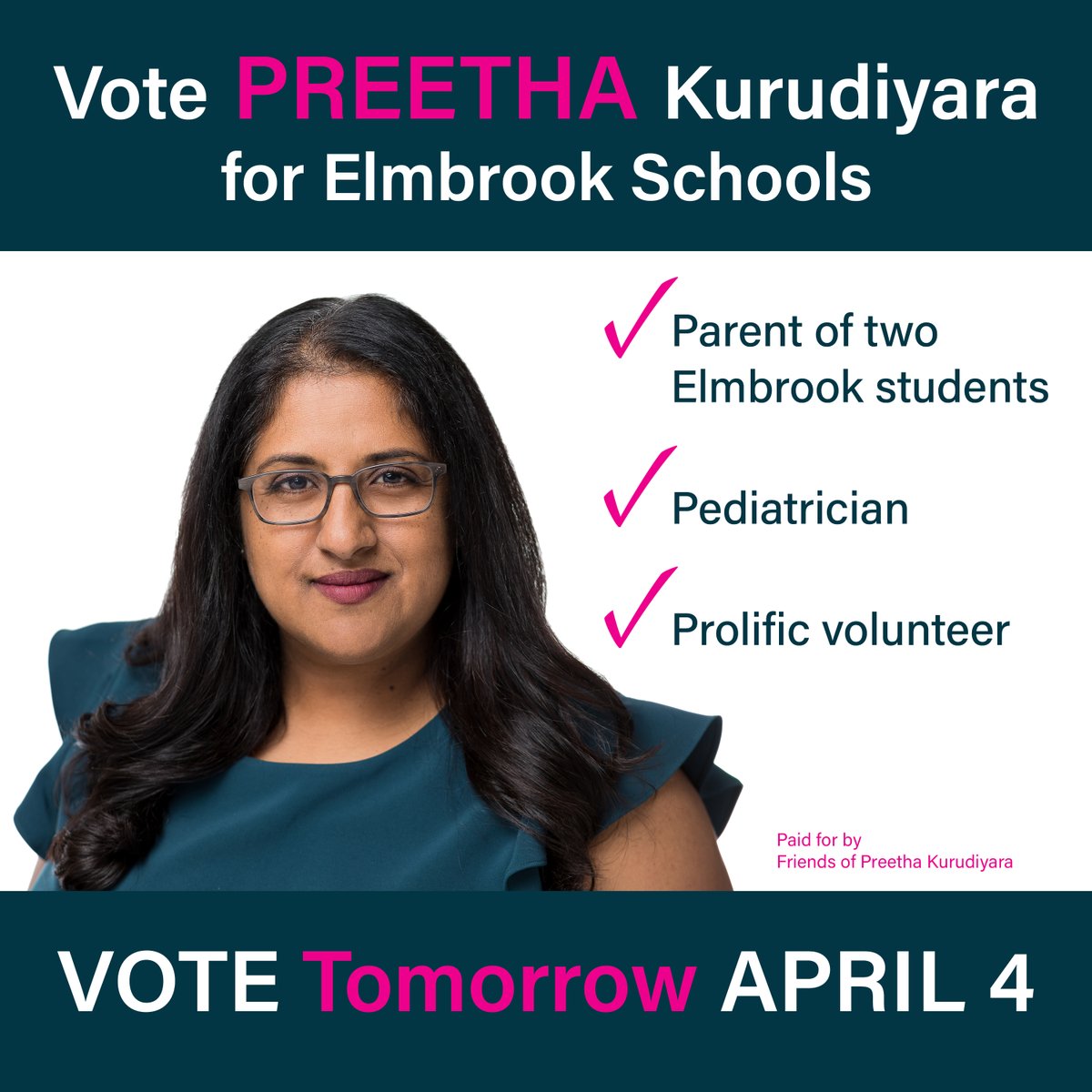 Preeth4Elmbrook's tweet photo. Vote Tuesday for me, a:

Physician specializing in child and adolescent medicine. 

Partner in collaborative and data-driven decision-making.

Parent who has demonstrated a commitment to involvement in bettering our community.

Keep politicians out of @ElmbrookSchools. https://t.co/9RwijuLYLK