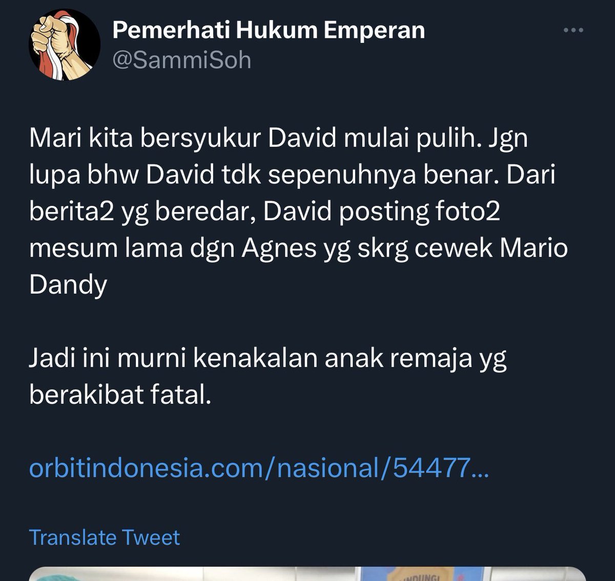 <a href="/SammiSoh/">Pemerhati Hukum Emperan</a> <a href="/seeksixsuck/">It's your own bar</a> Anda boleh aja ngeles, tp jejak digital jelas2 anda bilang David salah. Kalo memang anda punya bukti ayo keluarkan di pengadilan, jangan cuman bacot doang, terus ngeles sambil ngapus postingan.  

Tuduhan anda ini serius kalo ngefitnah "perbuatan mesum", berani buktikan?