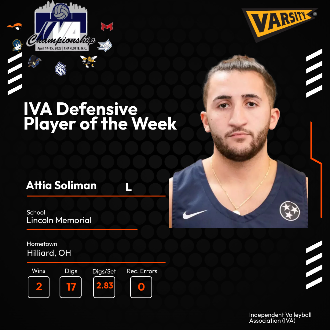 Congratulations to <a href="/SplittersMensVB/">LMU Men's VB</a> Libero Attia Soliman on being this week's IVA Defensive Player of the Week presented by <a href="/VarsityGems/">Varsity Gems</a>. The senior had 17 digs and zero reception errors in a pair of wins for the Splitters. #NCAAmvb <a href="/LMURailsplitter/">LMU Railsplitters</a>