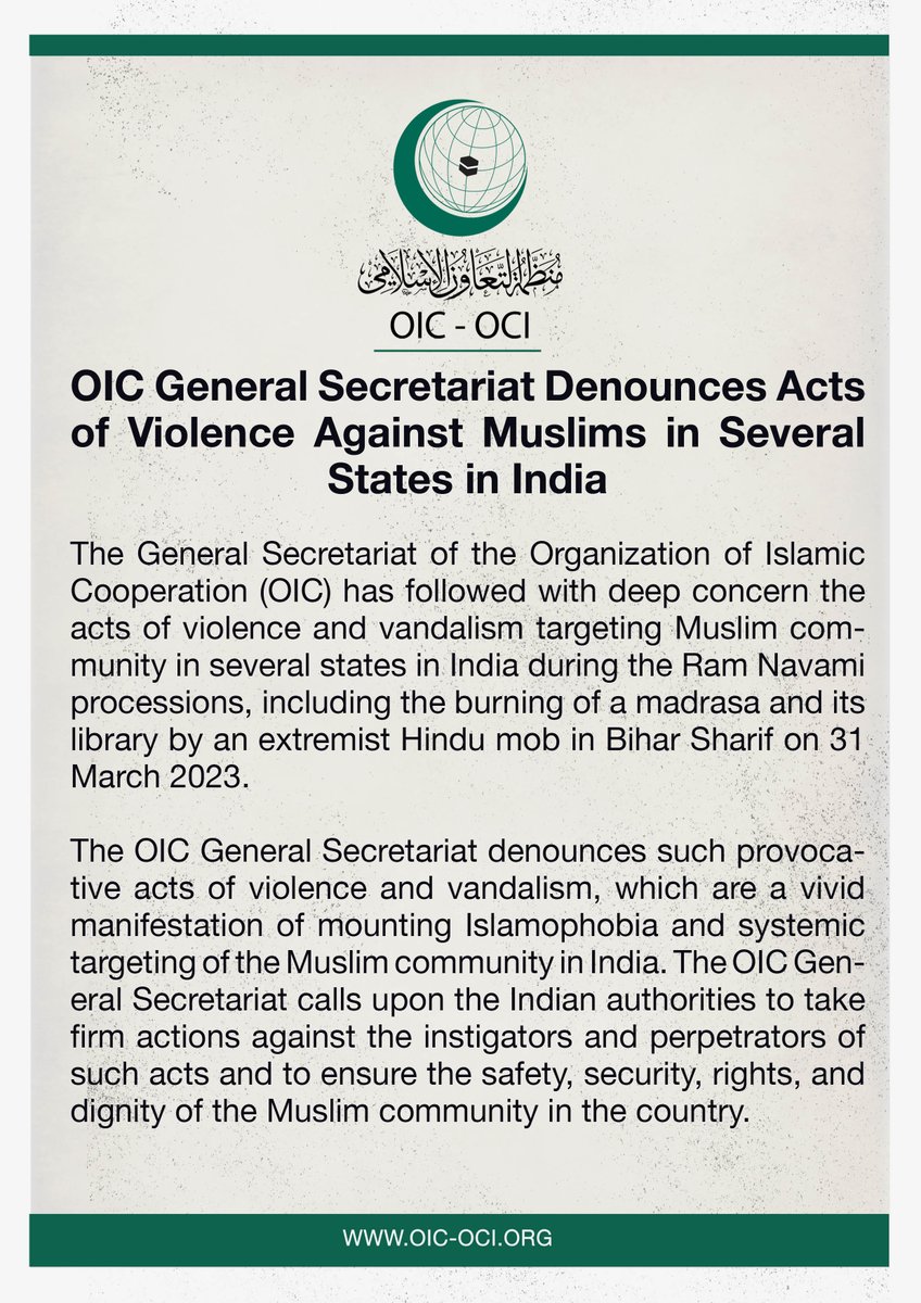 OIC General Secretariat Denounces Acts of Violence Against #Muslims in Several States in #India: oic-oci.org/topic/?t_id=38… #NoToIslamophobia #EndIslamophobia