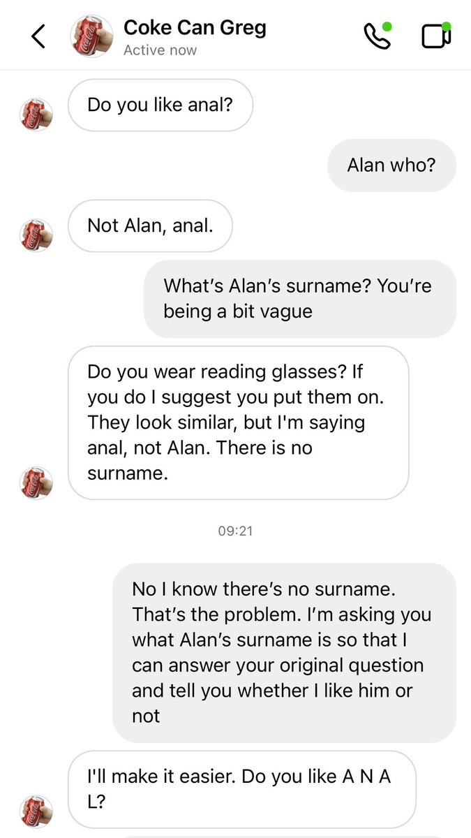 deathtospinach's tweet photo. I’m struggling with long-term sex pest Greg this morning

He seems to be obsessed with someone called Alan but then denies all knowledge when I ask him about it

I am concerned that our saucy love affair cannot continue until we resolve our communication problems https://t.co/GFxVOssktL