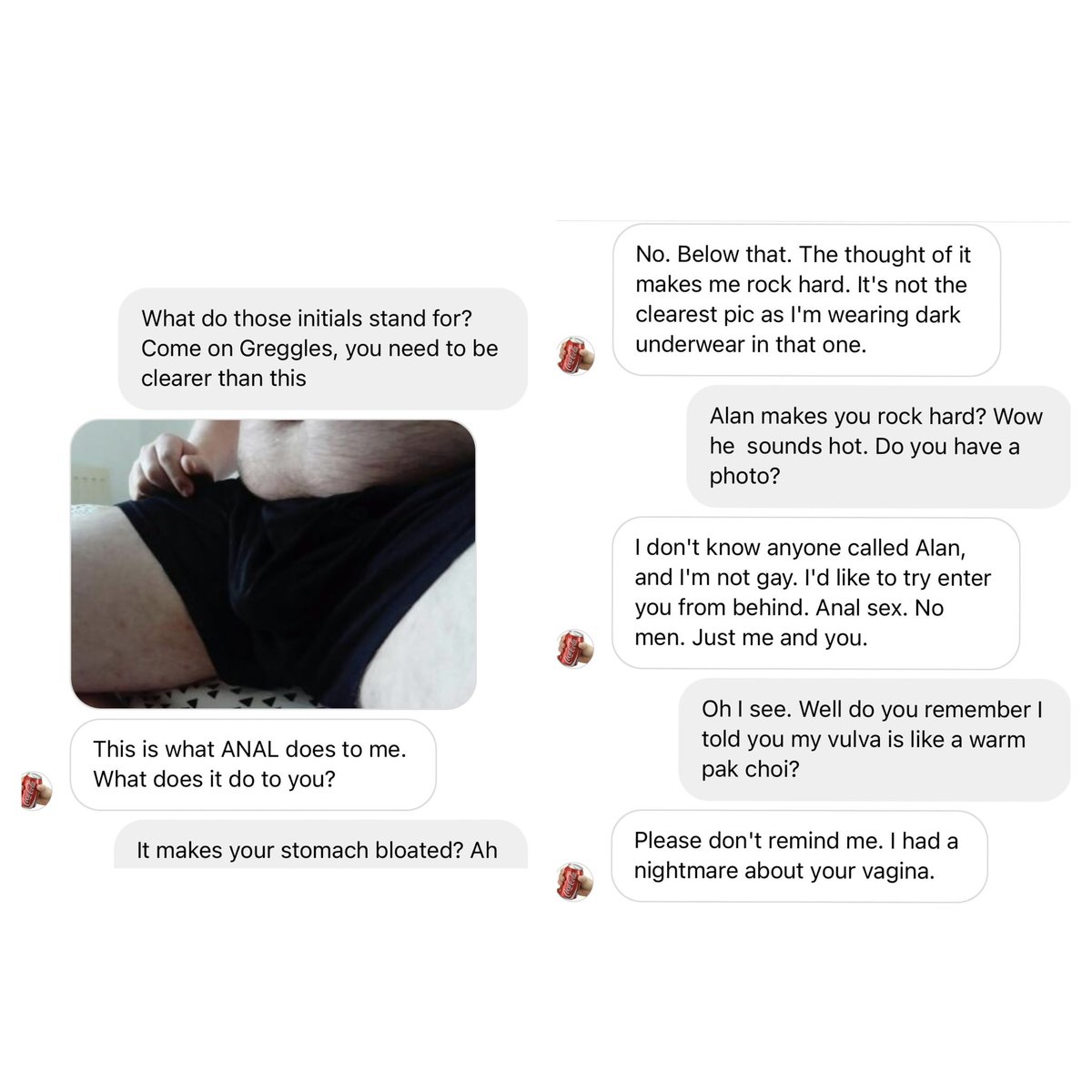 deathtospinach's tweet photo. I’m struggling with long-term sex pest Greg this morning

He seems to be obsessed with someone called Alan but then denies all knowledge when I ask him about it

I am concerned that our saucy love affair cannot continue until we resolve our communication problems https://t.co/GFxVOssktL