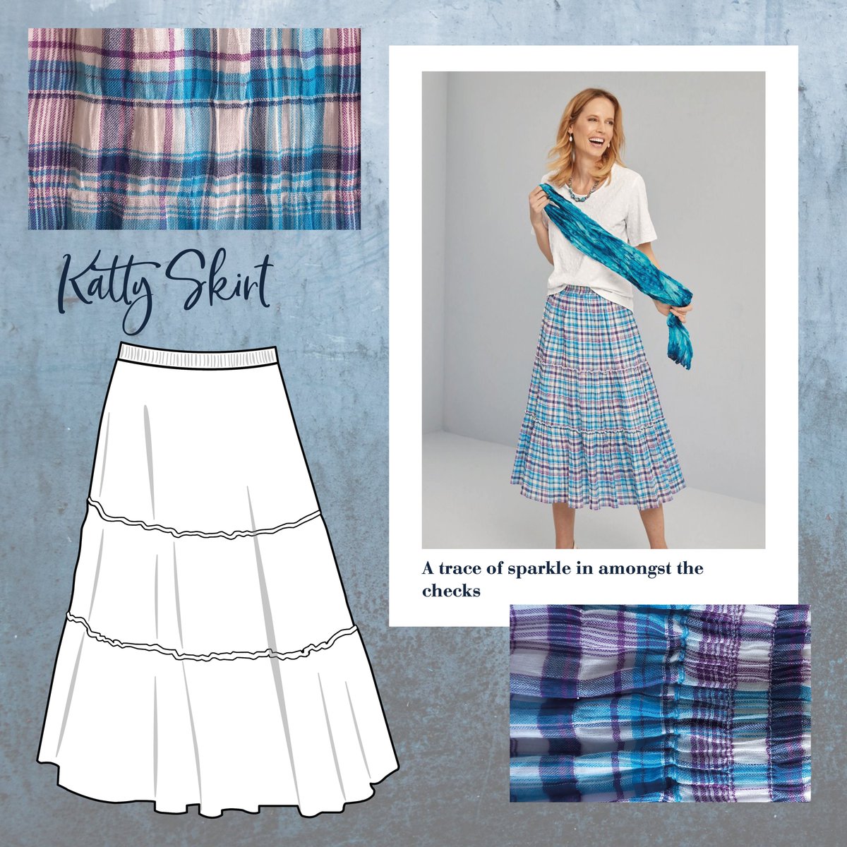 Our Katty Skirt is the perfect trace of sparkle amongst the checks! The perfect uplifting, relaxed skirt to enjoy all season long!

#fashionover60 #checkskirt #upliftingfashion #relaxedstyle #springskirt