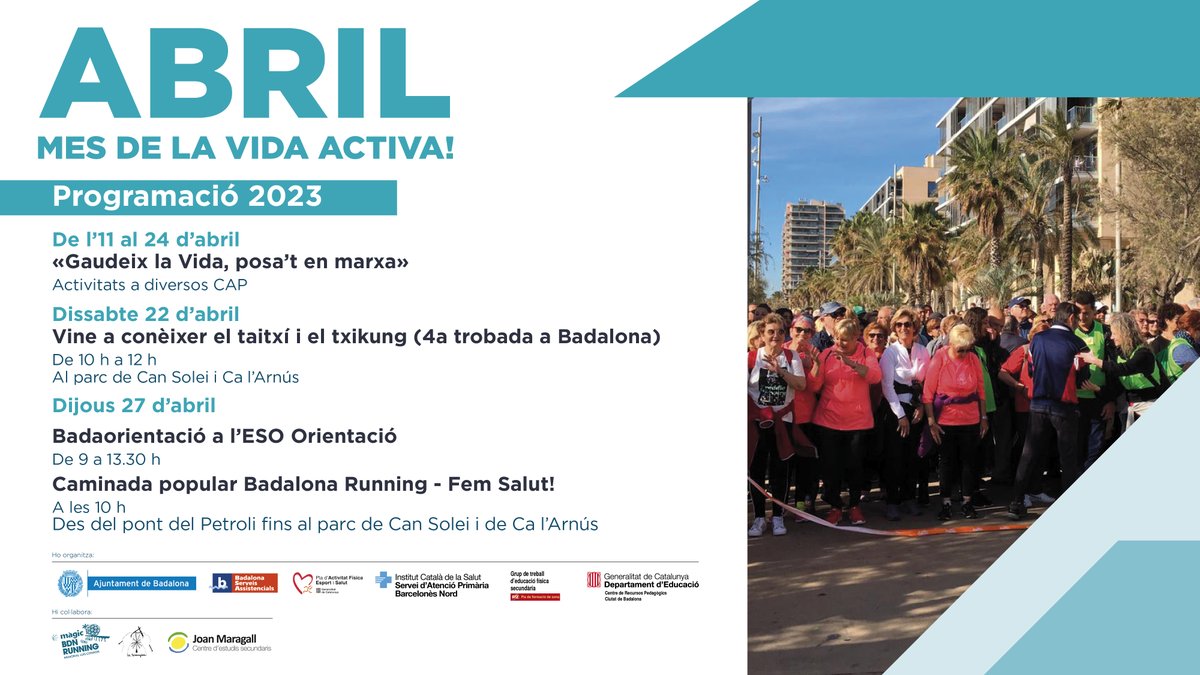 apicsmetronord's tweet photo. 📌 #DMAF2023 i Mes de la Vida Activa a #Badalona
🤸🏽♀️ Activitats de promoció d'una vida activa 🤸🏽♀️
#CAPSantRoc #CAPRobert #CAPBufalà col·laborem amb @AjBadalona @SalutBDN @MagicBDNRunning
🚶♀️Inscriu-te a la tradicional Caminada Fem Salut! el 27 d'abril https://t.co/jA5o1VThrE