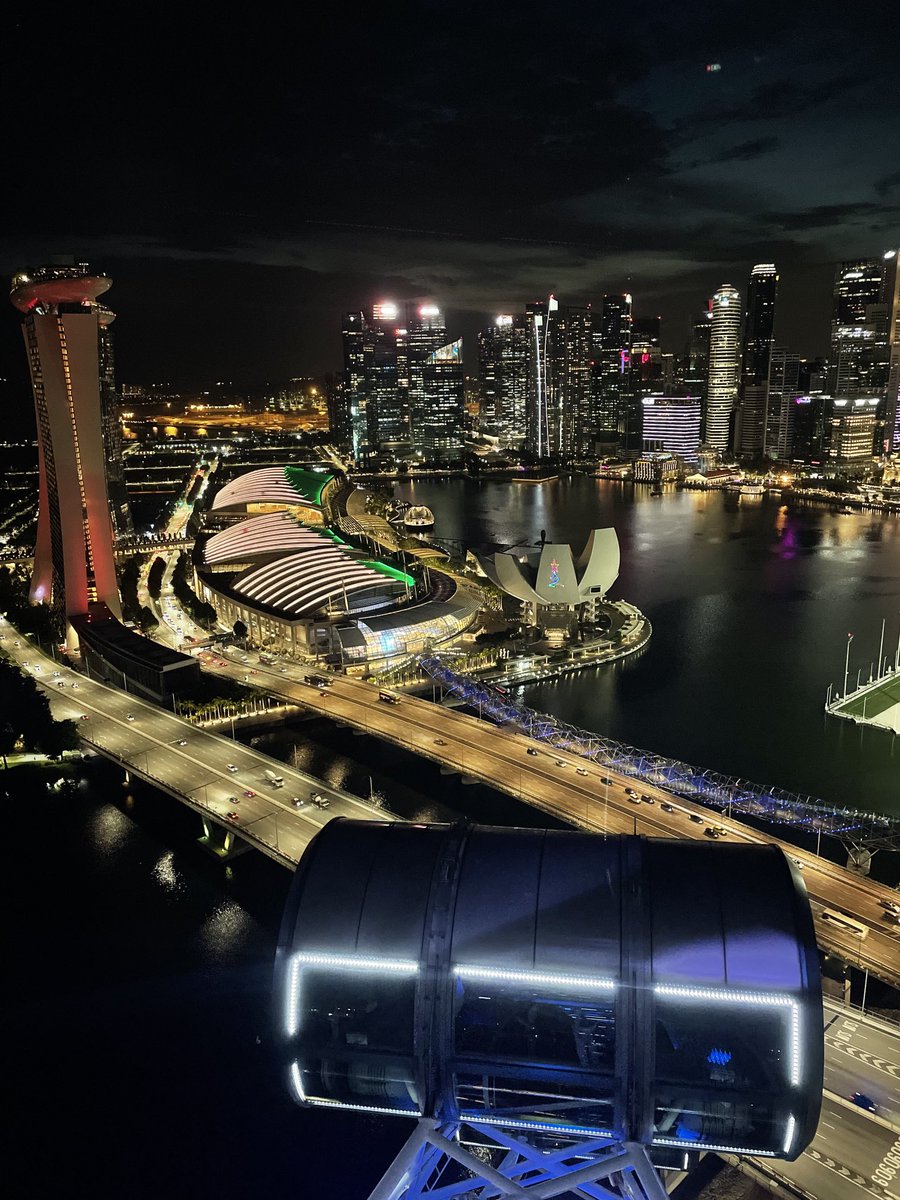 Singapur’daki dönme dolabın (Singapore Flyer) en tepeye yakın olduğu konumdan bir Marine Bay görüntüsü. Bir tam tur yaklaşık yarım saat sürmüştü. Sol taraftaki bina Marine Bay Sands, çiçeğe benzeyen mekan ArtScience Museum, kıyıda yüzen küçük küre ise Apple Store.