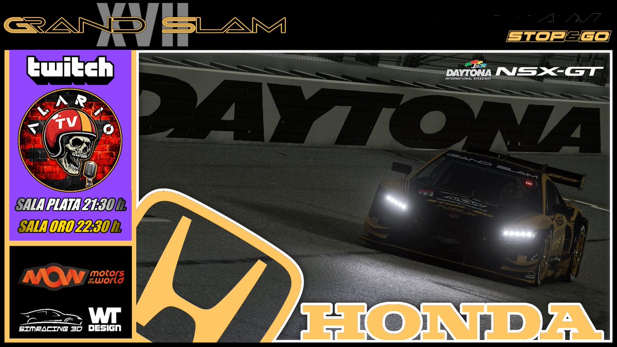 📌 | Stop&amp;Go Simulación 
📆 | Martes 4/04/2023 
🏆 | 6ª Jornada XVII GRAND SLAM @motorsworld
🏁 | Daytona Road Course 
⏲️| 21:30h. Sala Plata 
⏲️| 22:40h. Sala Oro 
🎙️ | <a href="/alario1987/">Alario87 TV</a> 
📺| twitch.tv/alario87tv 
#OnlyForBraves