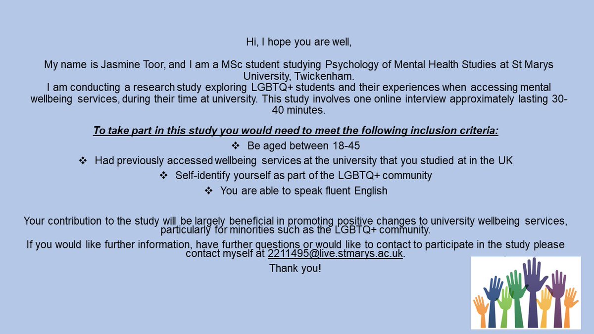 _amymontague7's tweet photo. Hi everyone. Please find a study from @StMarysPsy MSc student Jasmine Toor detailed below. Jasmine is exploring LGBTQ+ students' experiences of accessing university well-being services and would appreciate 30-40 minutes of your time for an interview. Please RT/ share. Thank you. https://t.co/roujPVCysA