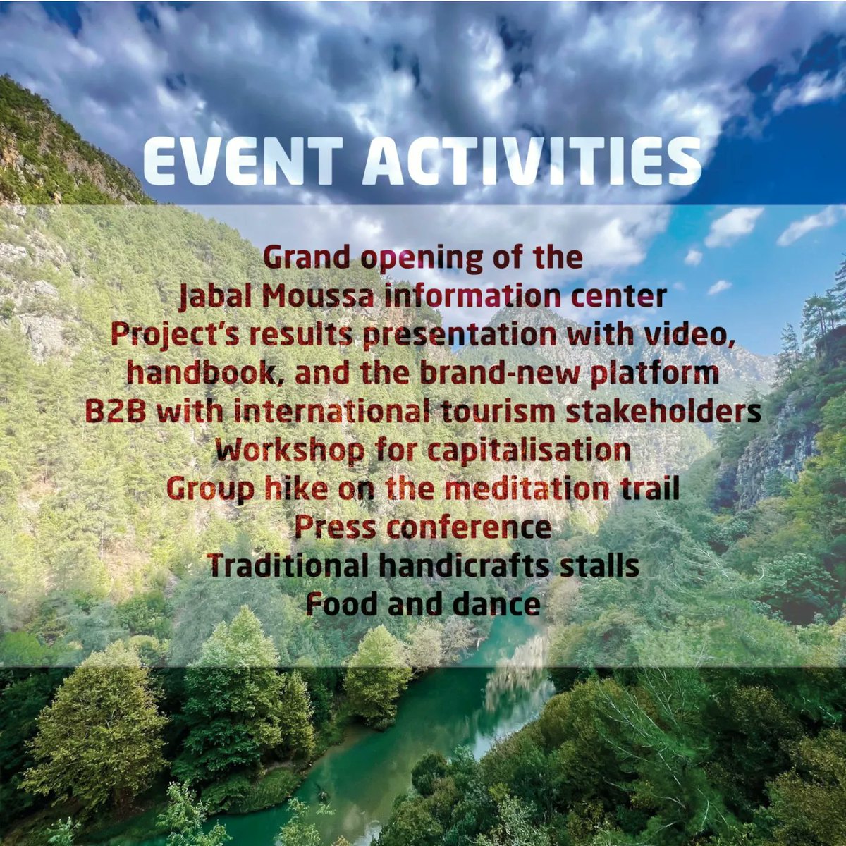 #SaveTheDate 
17/18 May 2023 
<a href="/Jabal_Moussa/">Jabal Moussa Biosphere Reserve</a> in #Lebanon
We're pleased to invite you to our final event, filled with lots of activities, information and fun! An occasion to know more about #sustainabletourism in the #Med and our achievements and impact.
More info soon!