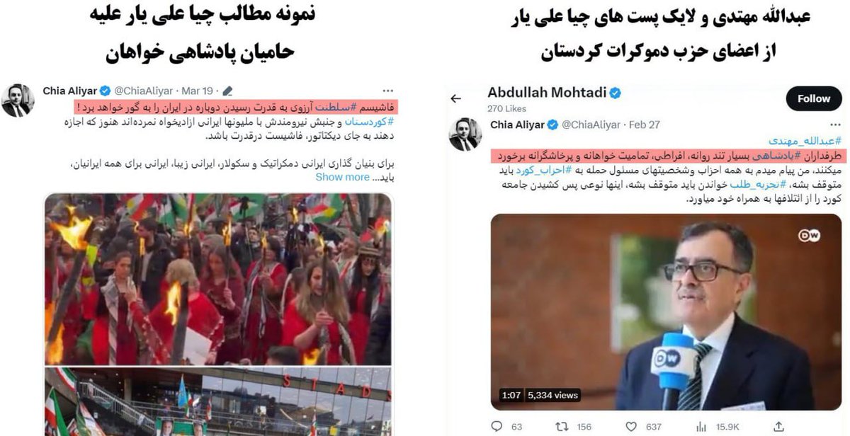 payandeiranam's tweet photo. آقای عبدالله مهتدی، نمی شود با شاهزاده رضا پهلوی سر یک میز به اسم اتحاد بنشینید ولی در توییتر مطالب دشمنان شاهزاده و پادشاهی خواهان را لایک کنید.
«چیا علی یار» همان کسی است که خبر فراخوان مشترک احزاب کردی (کومله و حزب دموکرات کردستان و .) با مجاهدین خلق در سوئد را منتشر کرده بود. https://t.co/1x59Bj1aUl
