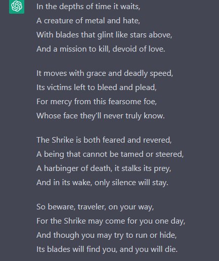 Asked ChatGBT to write a poem about the Shrike from Hyperion. Amazing stuff!