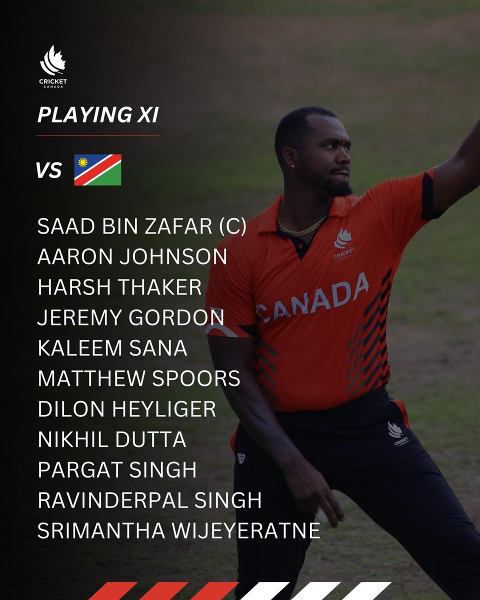 canadiancricket's tweet photo. Playing XI for Team Canada; Just one change as Dilon Heyliger comes in and replaces Nicholas Kirton 🇨🇦 

#cricketcanada #canvsnam #icc https://t.co/R1WYwWa5To
