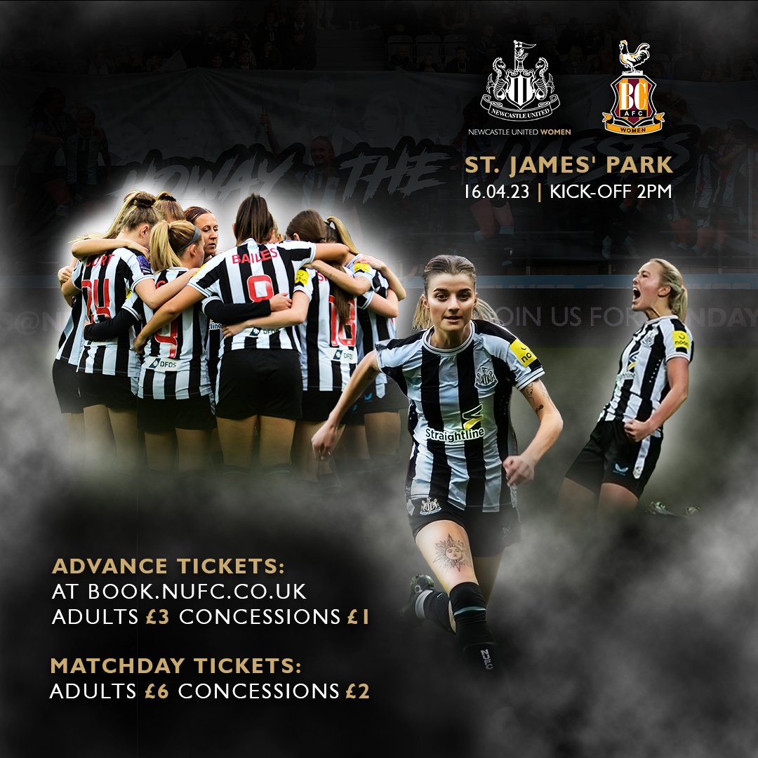 🎟️ Secure your tickets to see the Lasses return to St. James' Park, as we take on Bradford City Women on Sunday 16 April!

If you buy before Thursday 6 April, you'll be entered into a draw to win a mascot place!

book.nufc.co.uk/en-GB/categori…

#NUFCWomen ⚫⚪