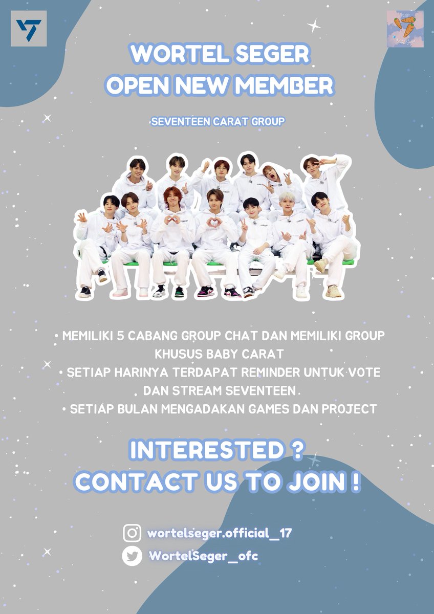 WortelSeger_ofc's tweet photo. Hai! Kamu CARAT atau baru mau stand Seventeen? 💎💎💎

Kebetulan nih, Wortel Seger lagi buka pendaftaran untuk anggota baru! Pokoknya bakalan seru banget karena kita bakal ada banyak event menarik seperti voting, streaming, nobar Gose, cover lagu, serta games seru lainnya! 😆💖💙 https://t.co/QgWcNoINw0