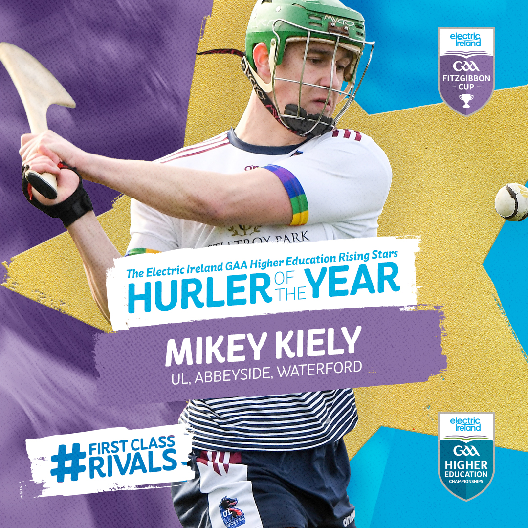 📢 @ul_gaa’s Mikey Kiely is the Rising Star Hurling Player of the Year for 2023! The @abbeycourtygaa1 @waterfordgaa talent hit the winner in last year’s final, and he broke UG hearts again scoring four goals in the final, and eight across the Championship #FirstClassRivals 🏆🏐