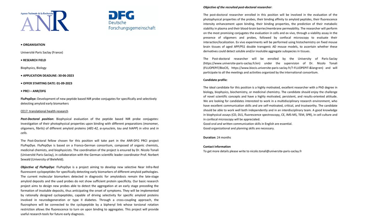 BioCIS's tweet photo. [#job #emploi #chimie] @BioCIS is looking for a post-doc in the synthesis of new peptide probes.
To your CVs!!! @UnivParisSaclay https://t.co/9SQFiHVAgk