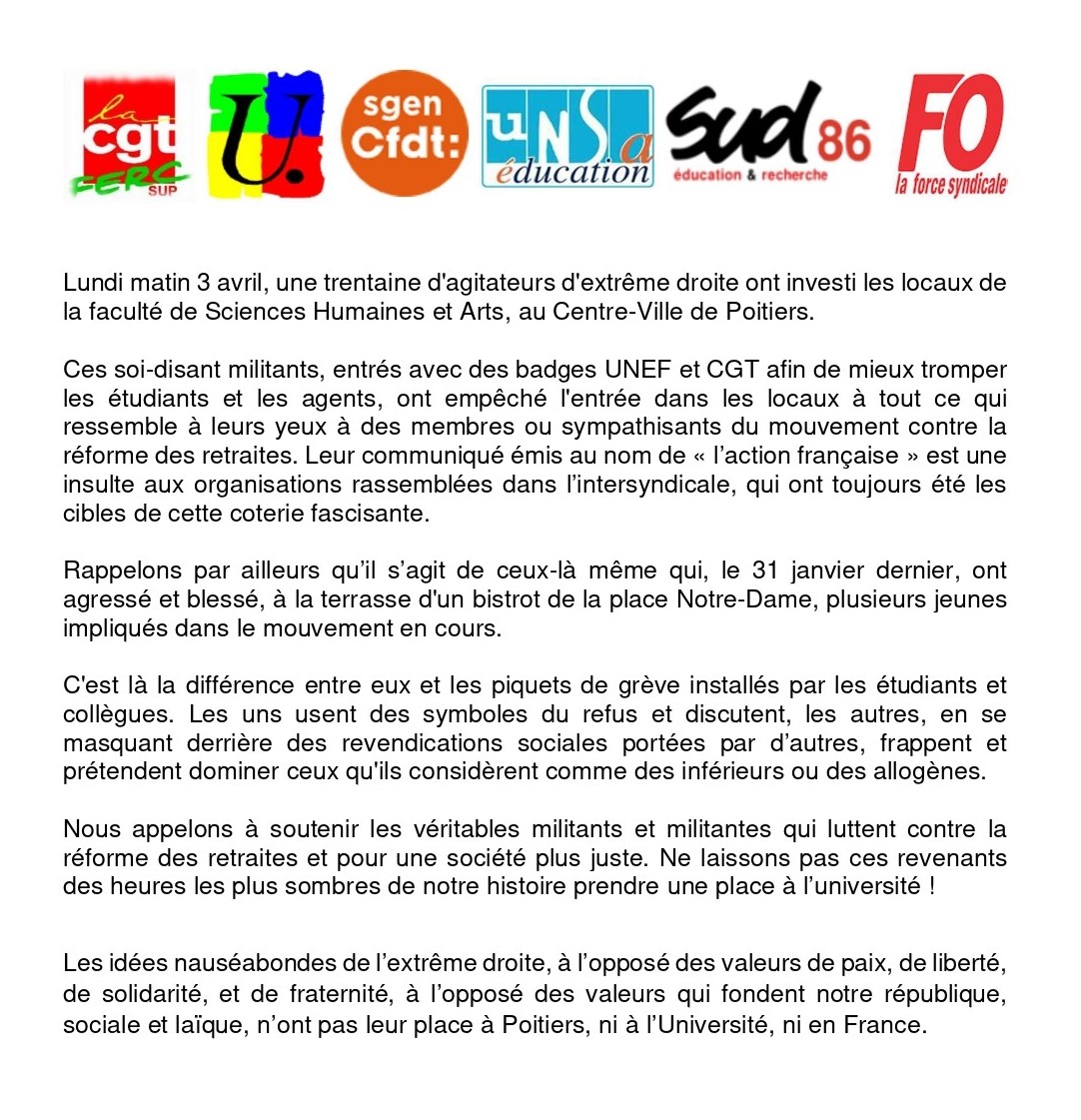 SnesupPoitiers's tweet photo. CDP Intersyndicale Université de Poitiers sur la présence de jeunes d'extrême droite dans les locaux de SHA lundi 3 avril. 
"Les idées nauséabondes de l’extrême droite [...] n’ont pas leur place à Poitiers, ni à l’Université, ni en France." https://t.co/Dpj6TQqDUI