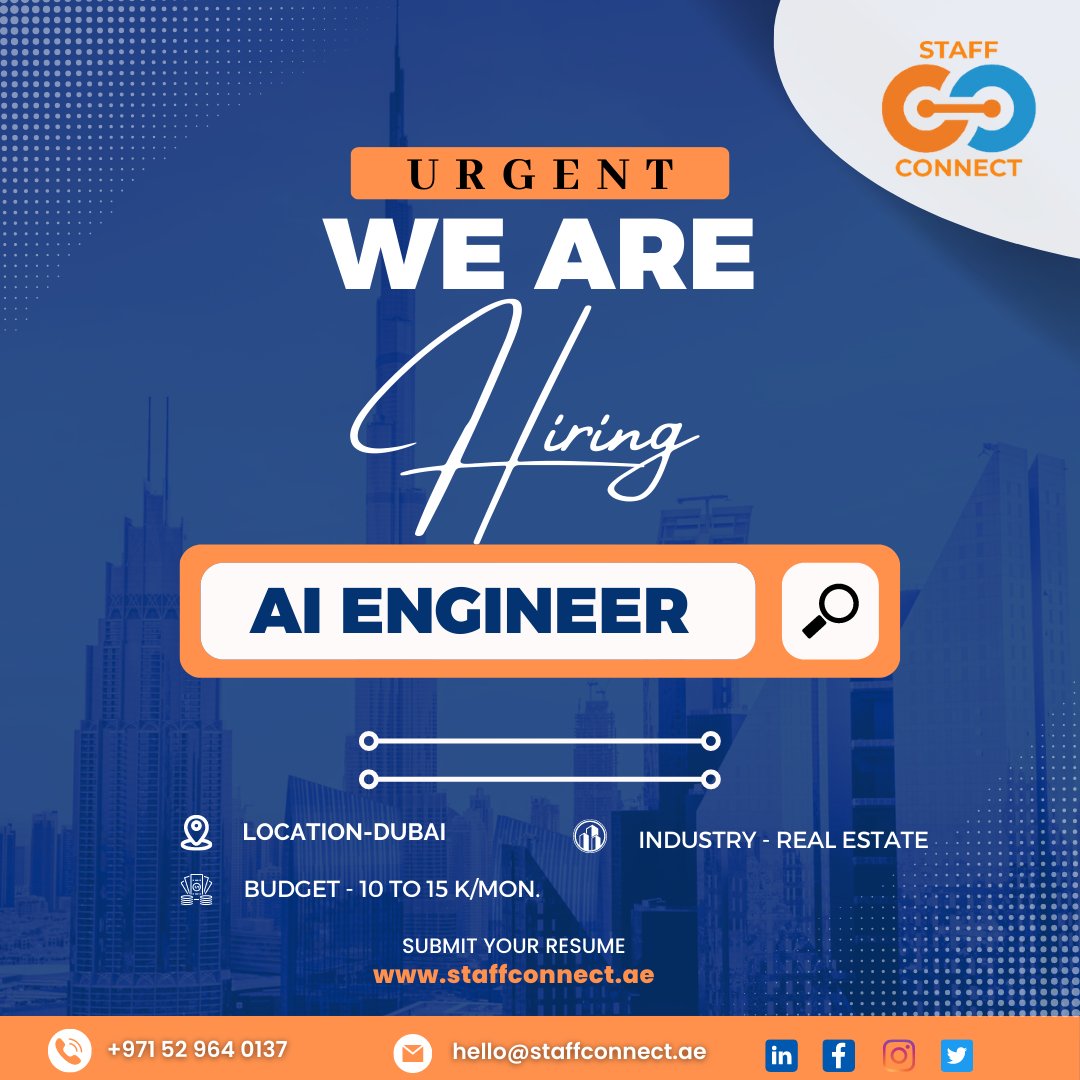 staffconnectuae's tweet image. We Are Hiring The Position of AI Engineer.
Interested Candidates Can Apply Here:
🌐staffconnect.ae/job/ai-enginee…
#staffconnectuae #OpenAISoftwareEngineer #ecommercejobs #fashionjob #recuritment #jobs #uaejobsearch #uaejobs #dreamjob #getdreamjob #jobsearch #jobvacany