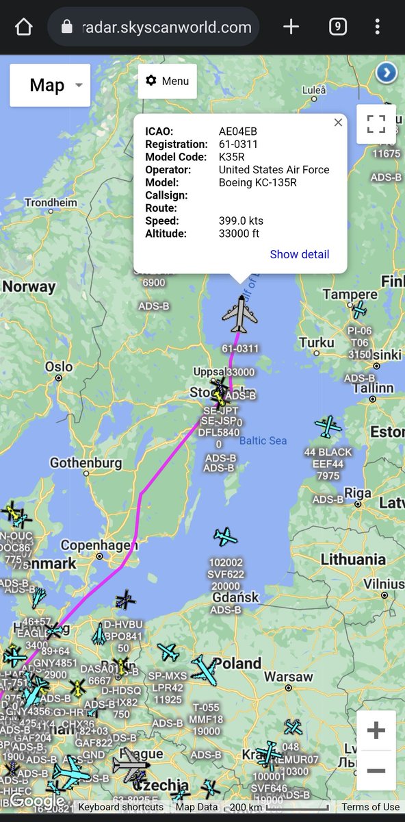 scan_sky's tweet photo. #USAF 🇺🇸 - Boeing KC-135R - 61-0311 - #COUNT95
Departed From Spangdahlem Air Base 🇩🇪 🇺🇸 & Currently Routing Over The Gulf Of Bothnia.
Should Be Returning To Spangdahlem Once Tasking Is Complete. https://t.co/3ko53Xi0iU
