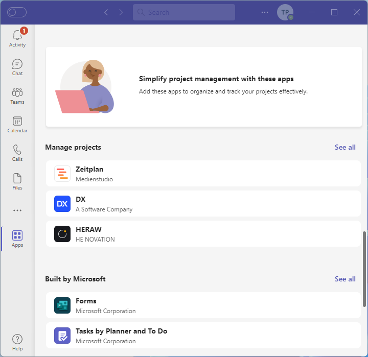 Devsym_GmbH's tweet photo. Wow, we're being featured on the #MicrosoftTeams apps start page!
#1 for the manage projects category💓

#projectmanagement https://t.co/4cs7RSLFby