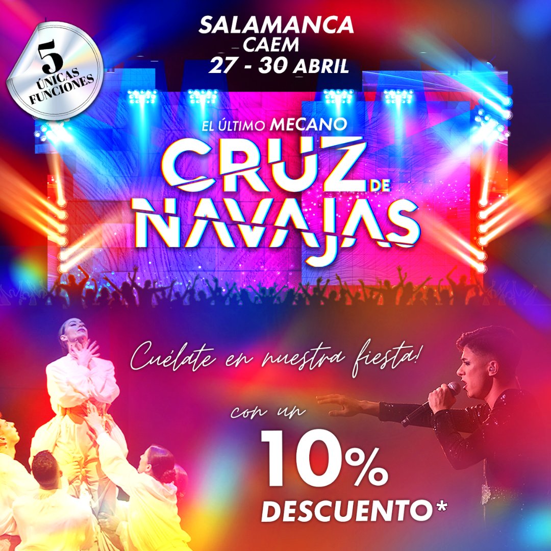 Cuélate en nuestra fiesta🥳
Presenta tu carnet de estudiante en taquilla y llévate un 10% DE DESCUENTO!!🤑
Solo 5 FUNCIONES del 27 al 30 de abril en el CAEM!

¿Se te ocurre un plan mejor?🤷🏻‍♀️

#cruzdenavajas #elúltimomecano #salamanca #abril #caem #descuento