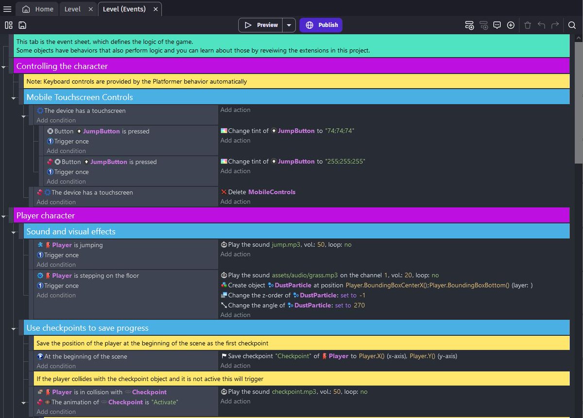 Hugeen's tweet photo. @GDevelopApp Hello !

Controversial question: why is this called "no code"? It really looks like code to me :) https://t.co/W7GgrByfbV