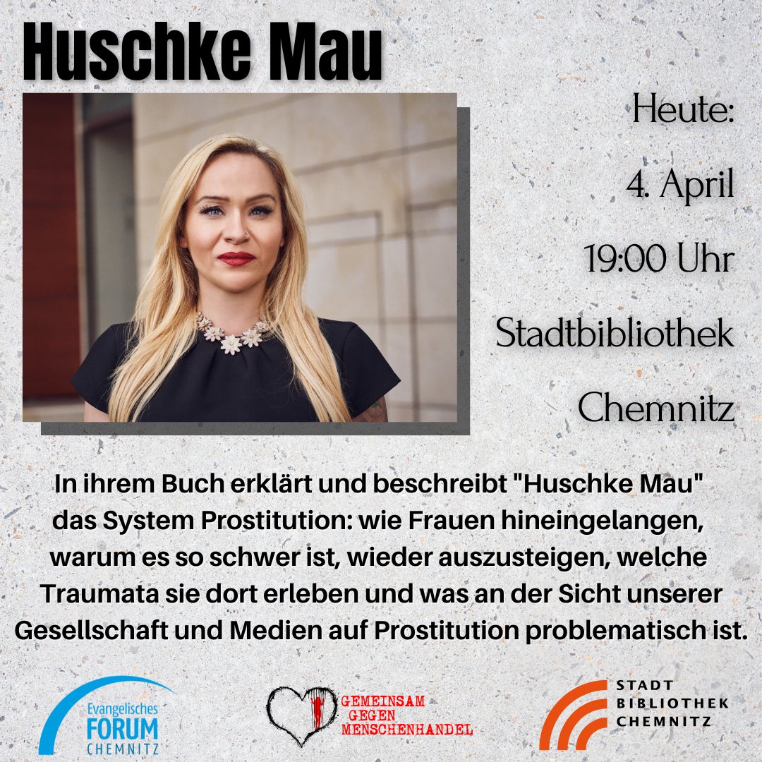 Heute, am 4. April 2023 um 19 Uhr liest <a href="/HuschkeMau/">Huschke Mau</a> in der <a href="/SBChemnitz/">Stadtbibliothek Chemnitz</a> aus ihrem Buch „Entmenschlicht“.
Organisiert vom <a href="/ChemnitzForum/">Evangelisches Forum Chemnitz</a> mit Gemeinsam gegen Menschenhandel e.V. Jetzt anmelden: stadtbibliothek-chemnitz.de/news-1/newsdet…