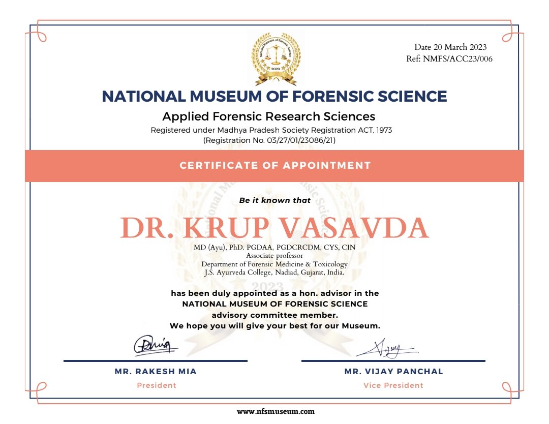 KrupVasavda's tweet photo. Appointed as an Advisor in National Forensic Science Museum Which is a Unique and Wonderful task done by Team AFRS..The outcome of this venture itself will surely give evidence of Success..@moayush @forensicnexus @ELSforensics @forensicnews https://t.co/29udj6Qfgl