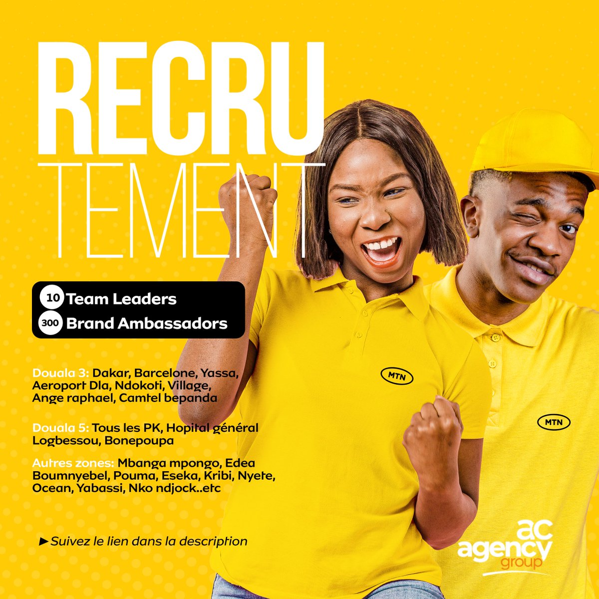 L'agence <a href="/acagencycmr/">AC Agency Cameroun</a>  recrute des Team Leaders et Brand Ambassadors dans le cadre d'activation/réactivation des abonnements GSM/comptes MoMo❗️❗️

Postulez via le lien 👇
docs.google.com/forms/d/e/1FAI…

#job #jobs #jobsearch #onrecrute #carrière #recrutement #Masterclass