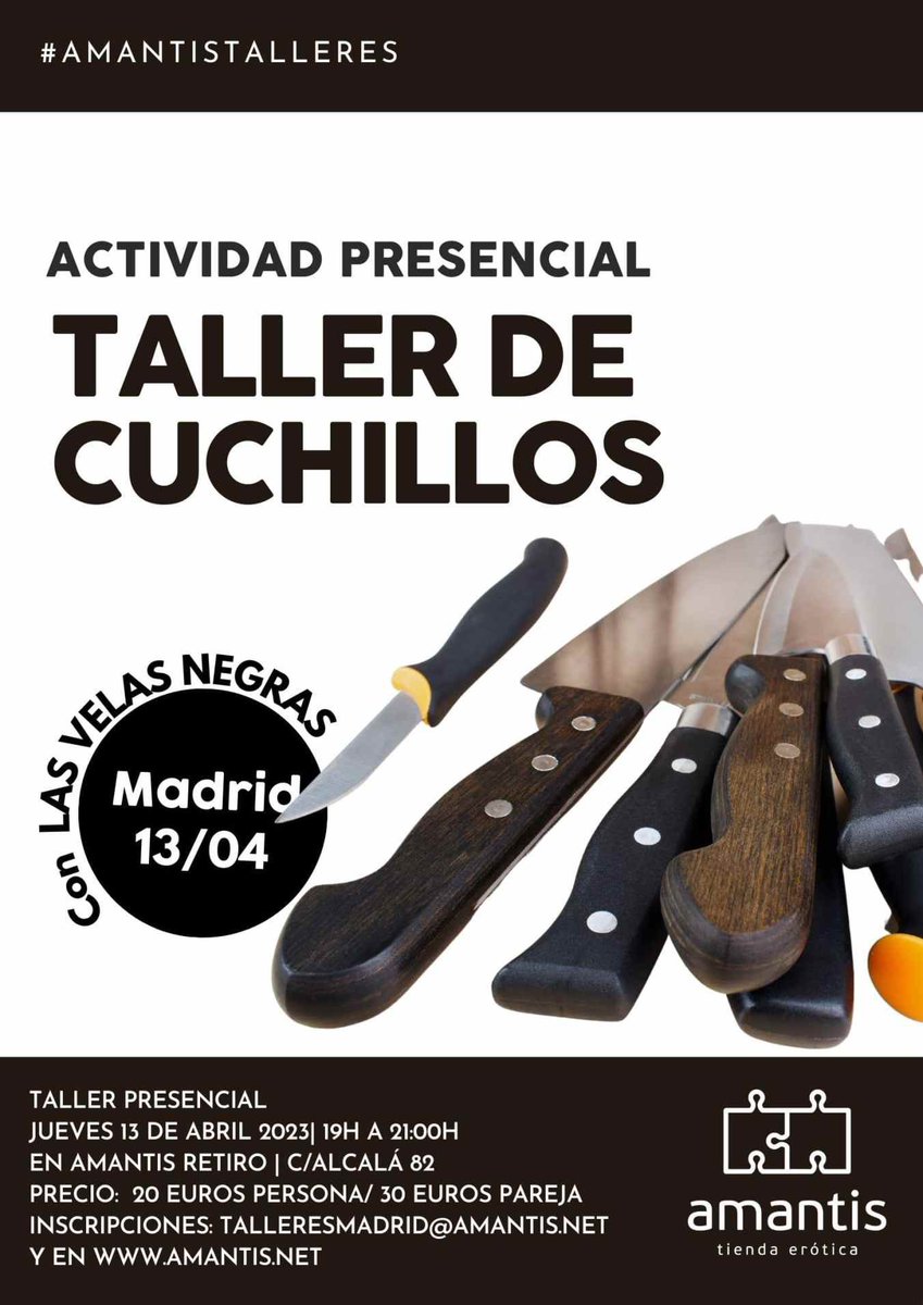 amantis_net's tweet photo. #talleresMADRID 

Taller de cuchillos con @lasvelasnegras 

Ligar en internet con @carolsendino 

Taller de Neurobiología del BDSM con @shibarhita 

Taller de Sexo y menopausia con @sexacademy_com 

Más info en talleresmadrid@amantis.net 😜

#talleresamantis
#amantisretiro https://t.co/AL2o9xTxAK