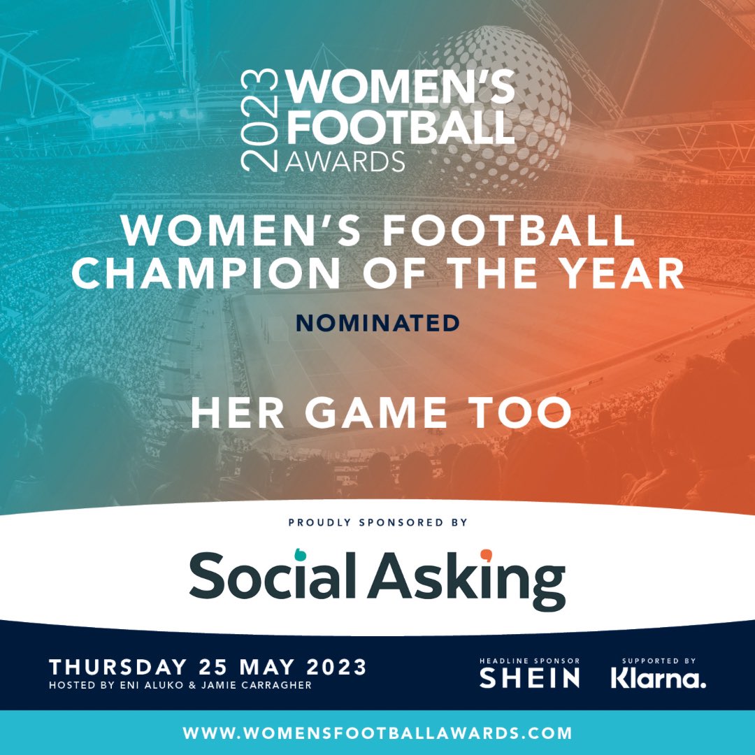 HerGameToo's tweet photo. WE HAVE BEEN NOMINATED FOR AN AWARD!! 🥳🏆

It is an absolute honour to be nominated for Women’s Football Champion of the Year at the @_WFAs 🩵

#HerGameToo https://t.co/tG4NpiBVnp