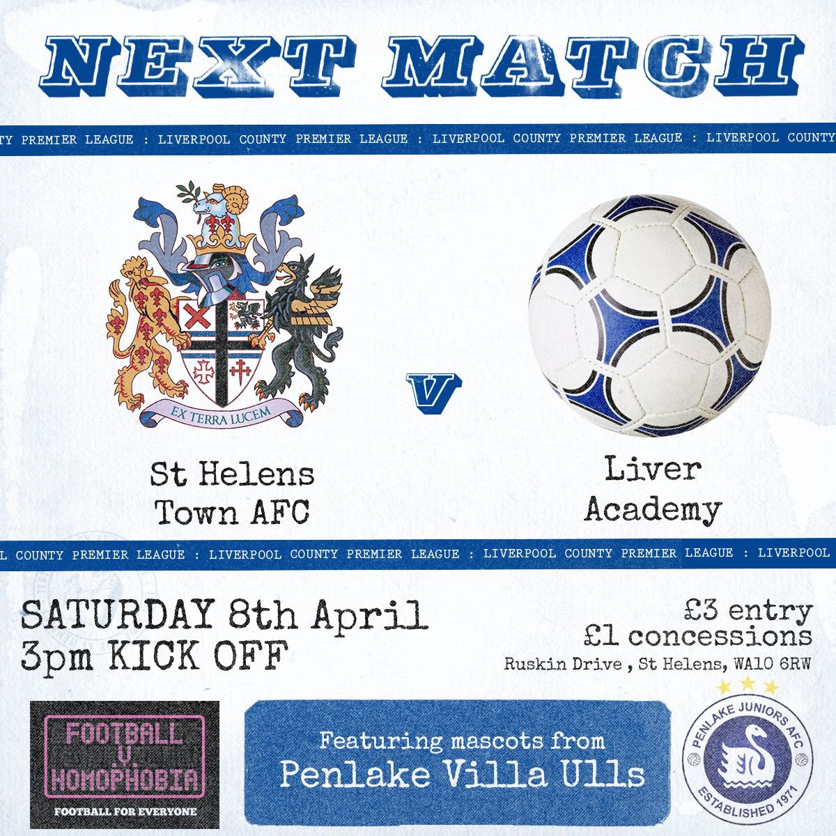 🧿HOME Saturday 8th April, 3PM kick off
🤝 <a href="/LiverAcademyFc/">Liver Academy Fc</a> 
 📍Ruskin Drive WA10 6RW
We also welcome <a href="/U9sVilla/">Max Morgan</a> <a href="/PenlakeJnrs/">Penlake Juniors</a> as matchday mascots. Hope you can join us💙#TheTown #TownTeam #TellinsTown 
<a href="/PDigitalLtd/">Paramount Digital</a> <a href="/aehollands/">Aehollandmemorials</a> <a href="/TheGriffininn/">The Griffin Inn</a> <a href="/KayWelding/">Kay Welding Supplies</a> <a href="/REDS_cafe/">REDS</a>