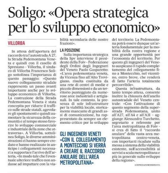 FederazioneFOIV's tweet photo. Su Il Gazzettino la notizia relativa alla #PedemontanaVeneta con il commento degli #Ingegneriveneti della #FederazioneFOIV 📰 https://t.co/mjPlNymCxg