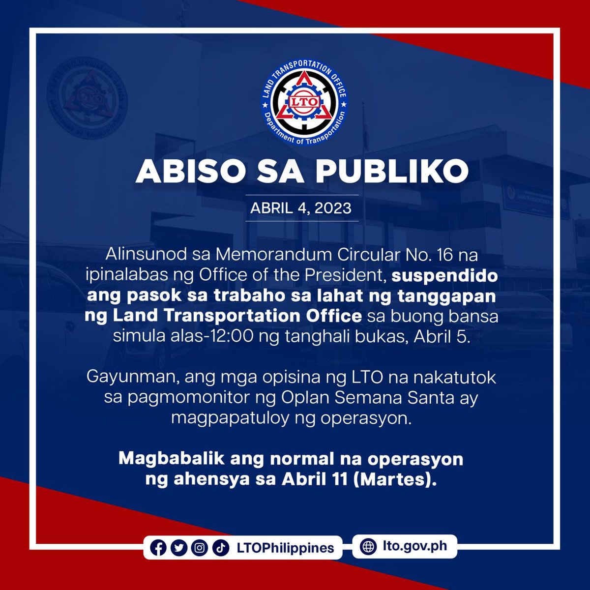 LTOPhilippines's tweet photo. Kung may nais po kayong idulog na insidente, nanatiling bukas ang aming 24/7 Hotline. I-dial lamang ang 1-342-586.
#LTOPH
#LTOPhilippines
#WorkingLTO
#SemanaSanta2023 https://t.co/NBDCYd8Ii4