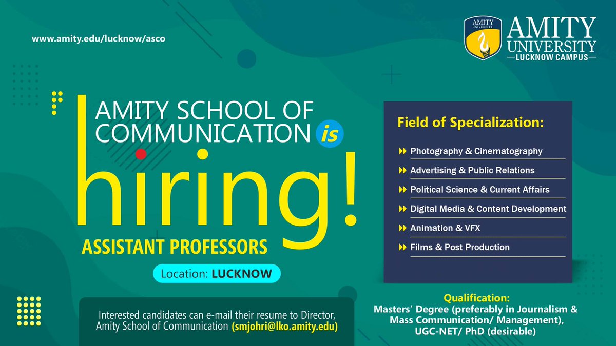 AmityLucknow's tweet photo. #WeAreHiring

Amity School of Communication is looking forward to welcoming vibrant academicians keen to teach aspiring media professionals. Join us and become a member of the most dynamic media institute.

#Lucknow #AmityUniversity #AmityLucknow #Hiring #Recruitment #Vacancy https://t.co/b1EUrro2IZ