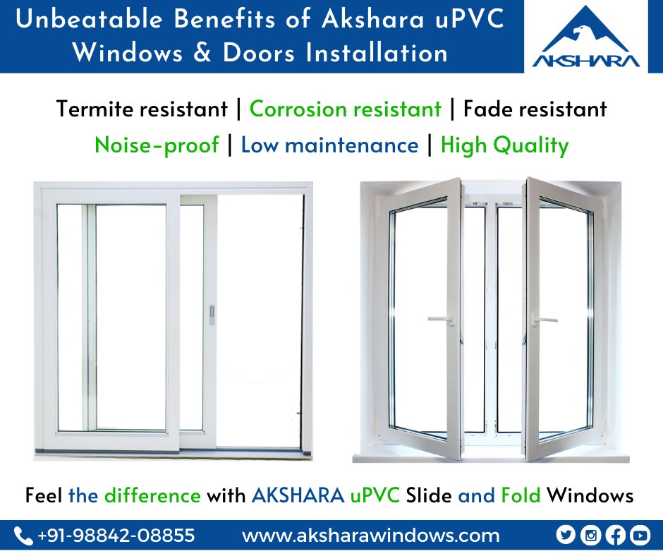AksharaPolymers's tweet photo. #Akshara uPVC #windows and #doors do wonders to the space in which they are installed. Available in a range of designs and colours.
Akshara upholds unmatchable quality standards for all our ranges.
#SwitchToAkshara #uPVC
#EasyToInstall #Economical
#SlidingWindows #FoldingWindows https://t.co/bi8FfsgiLU