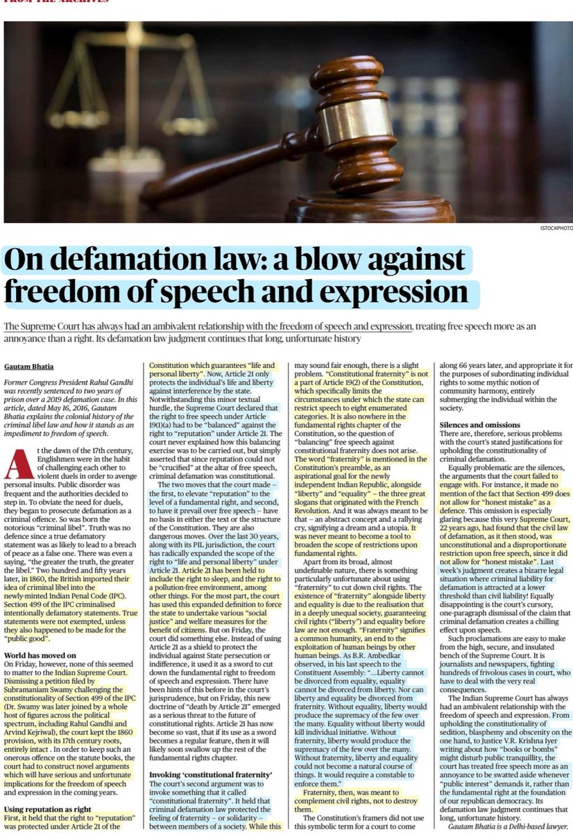 imRavikantYadav's tweet image. 'On Defamation Law: A blow against Freedom of Speech and Expression'
-A view by Sh Gautam Bhatia
: Details

#DefamationCase #defamation #RahulGandhiDisqualified 
#Section449 #IPC #RightToReputation #Article21 #Article19 #FreedomOfSpeech #fraternity 

#UPSC2023 #UPSC

Source:TH