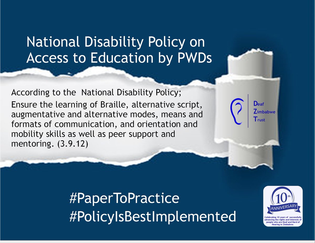 DeafZimTrust's tweet photo. According to the NDP;
Ensure the learning Braille alternative script, augmentative and alternative modes, means and formats of communication, and orientation and mobility skills as well as peer support and mentoring. (3.9.12)
#papertopractice
#PolicyIsBestImplemented https://t.co/pCHQ1FQHTU