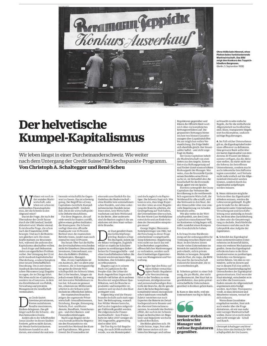 B_Unternaehrer's tweet photo. In der letzten #NZZaS fand ich dies einen interessanten Beitrag von #Schaltegger und #Scheu. Ich sehe in der „Kumpel Schweiz“ eine grosse Gefahr, dass bezüglich „Too big to fail“ wieder zu wenig getan wird, wenn wieder etwas Gras über die Bankkrise gewachsen ist. #Cronyism https://t.co/Hto2EUPGVD