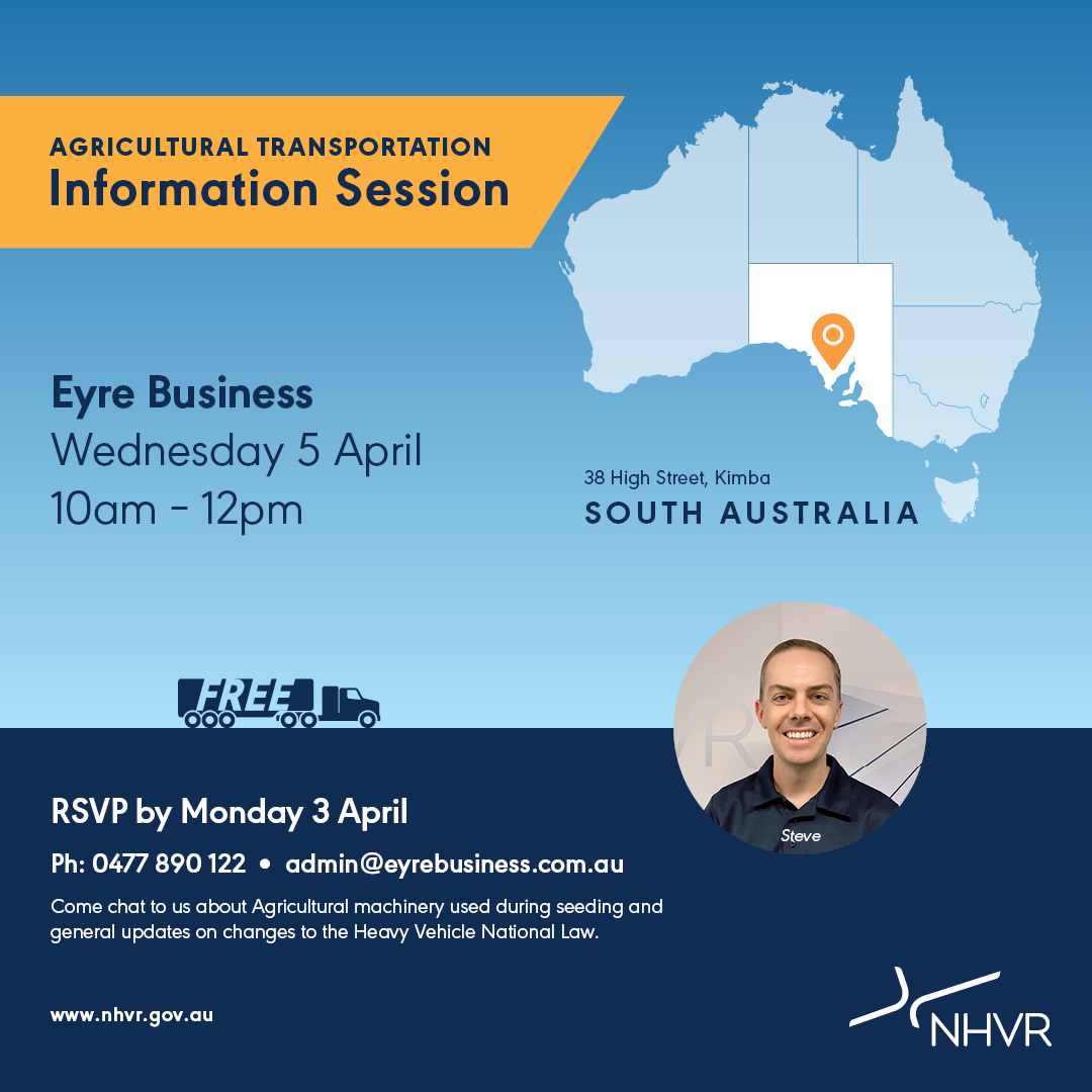 EyreBiz's tweet photo. We still have a few seats left for the NHVR Agricultural Transportation Information Session tomorrow. 
We will be hosting teams from Adelaide, Ceduna and Port Augusta to explain the rules, regulations and answer any questions you may have. 
Please contact us if you want to attend https://t.co/n2114ozivj